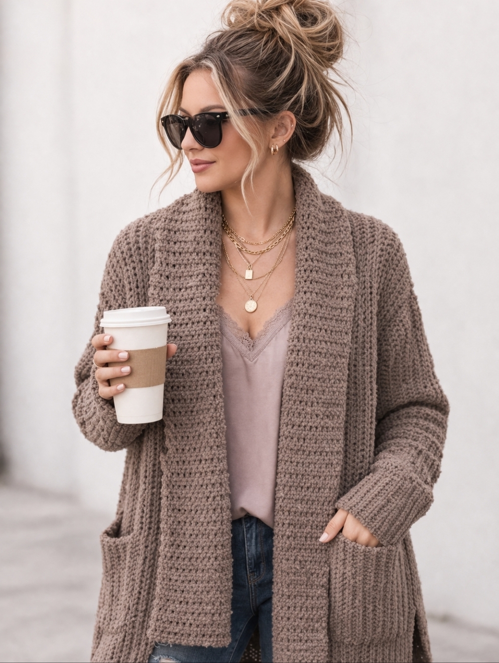 POL Soft Knit Open Front Slouchy Cardigan Oversized Mocha Taupe NWT Size Small - Picture 14 of 14
